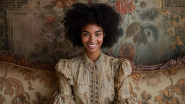 Mujer joven elegante con peinado afro en un entorno vintage