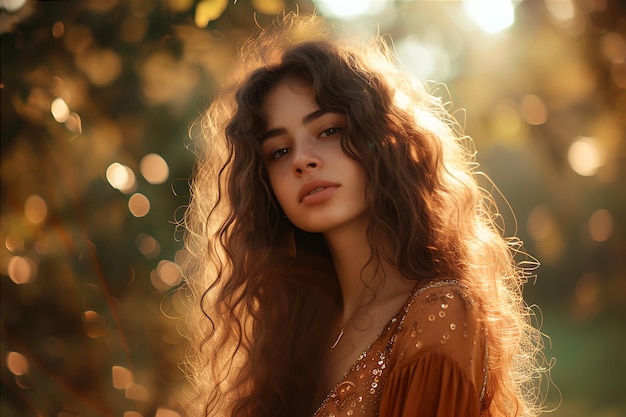 Mujer joven elegante con el pelo largo y rizado