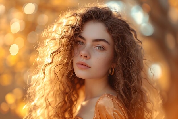 Mujer joven elegante con el pelo largo y rizado