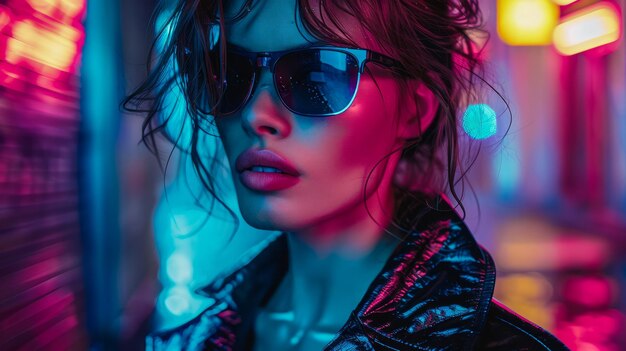 Mujer joven elegante posando en luces de neón con gafas de sol de moda que reflejan la vida nocturna urbana