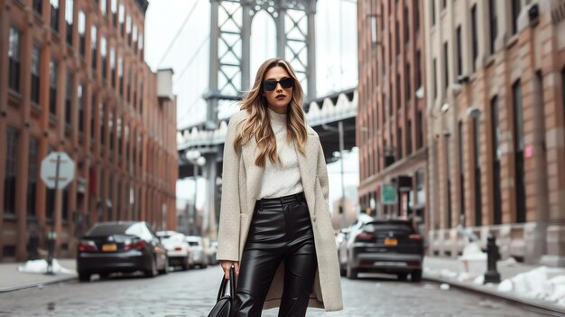 Foto mujer joven y elegante con ropa de moda y gafas de sol caminando por la calle de la ciudad con el fondo borroso