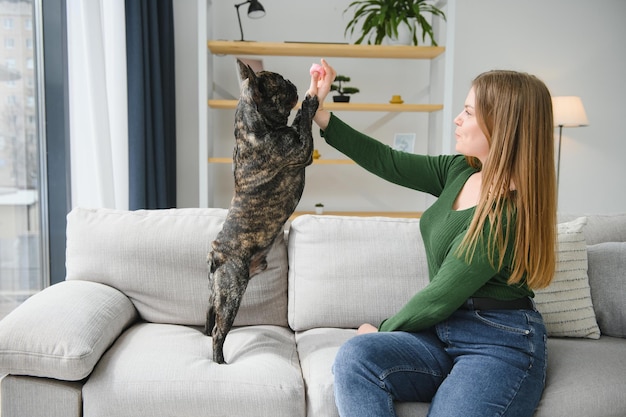 mujer joven, con, ella, perro, en casa, encantador, mascota