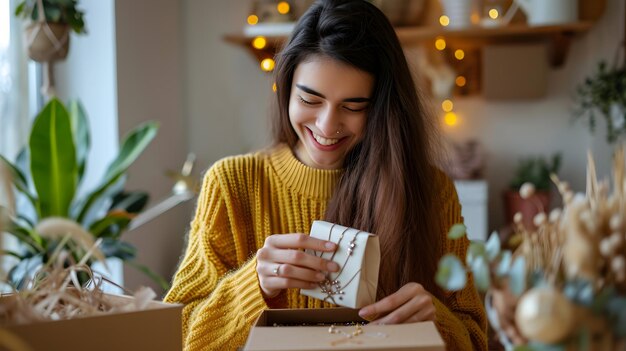 Mujer joven emocionada de abrir su caja de regalos de joyas