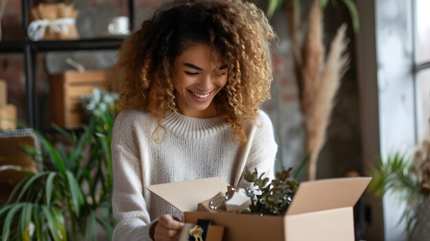 Mujer joven emocionada de abrir su caja de regalos de joyas