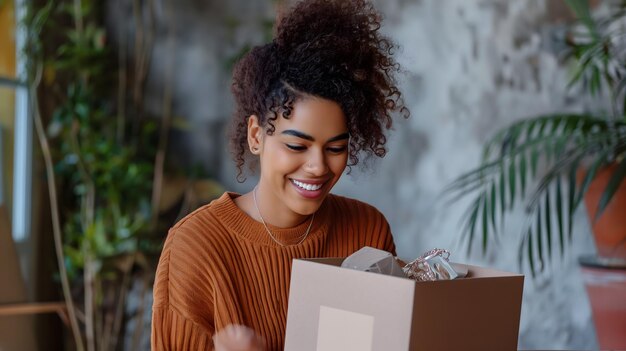 Mujer joven emocionada de abrir su caja de regalos de joyas