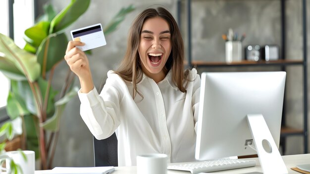 Mujer joven emocionada celebrando el éxito de las compras en línea con tarjeta de crédito Ambiente de oficina alegre Expresión de libertad financiera Comercio electrónico consumidor IA