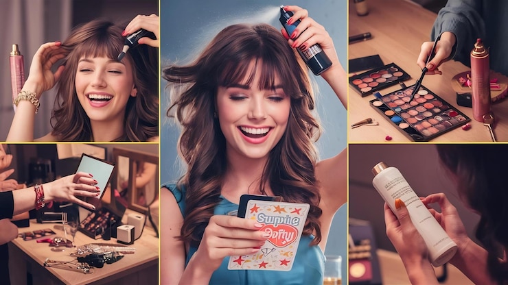 Foto mujer joven emocional feliz peina franjas usa laca para el cabello para hacer un peinado bonito sorprendido de recibir