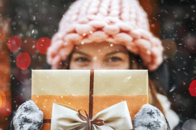 Mujer joven emocional que recibe el regalo en la calle contra el escaparate decorado