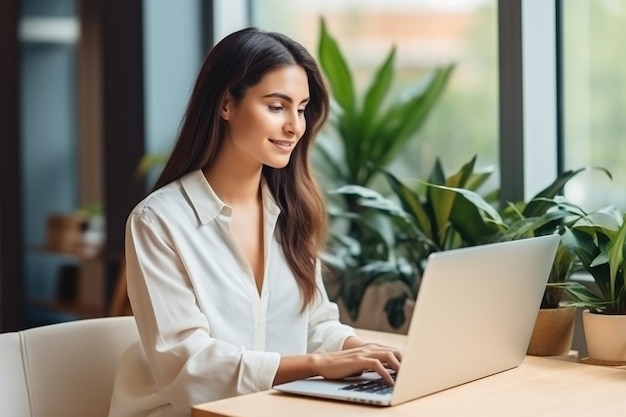 Mujer joven empleada latina que usa una computadora portátil remota trabajando en la oficina de casa mirando la computadora hablando teniendo reuniones virtuales híbridas aprendiendo inglés comunicándose por llamada de video webinar de aprendizaje electrónico