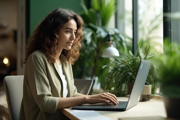 Mujer joven empleada latina usando una computadora portátil trabajando a distancia en la oficina de casa mirando la computadora hablando teniendo una reunión virtual híbrida aprendiendo inglés comunicándose por videollamada seminario web de aprendizaje electrónico