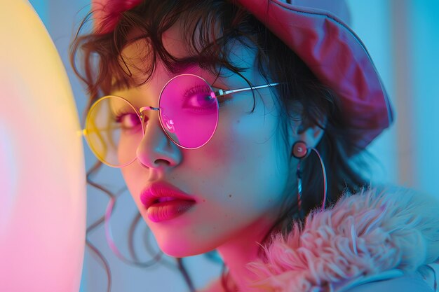 Mujer joven empoderada con gafas de colores y fondo multicolor estilo de vida conceptual