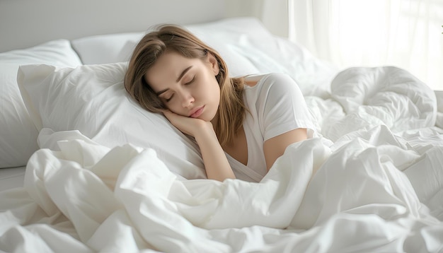 Mujer joven enferma en una cama blanca en casa en una habitación blanca