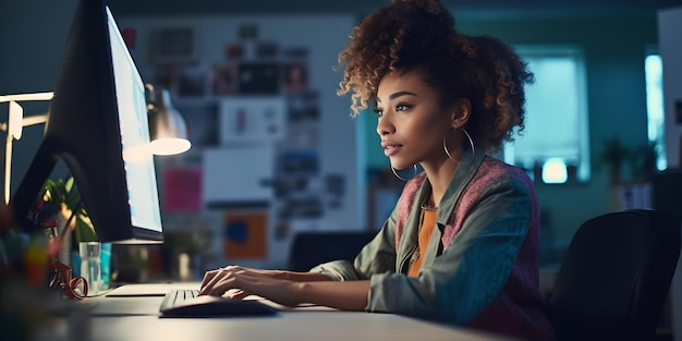 Mujer joven enfocada que trabaja hasta tarde en su escritorio en un ambiente de oficina creativo, profesional ocupada inmersa en su tarea AI