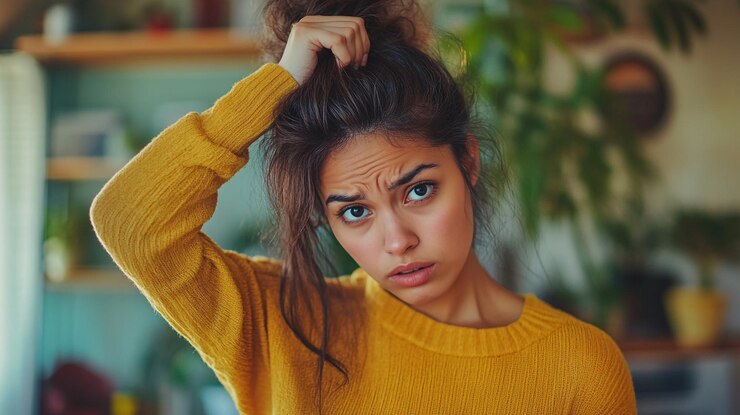Una mujer joven en un entorno acogedor expresa confusión mientras juega con su cabello por la tarde
