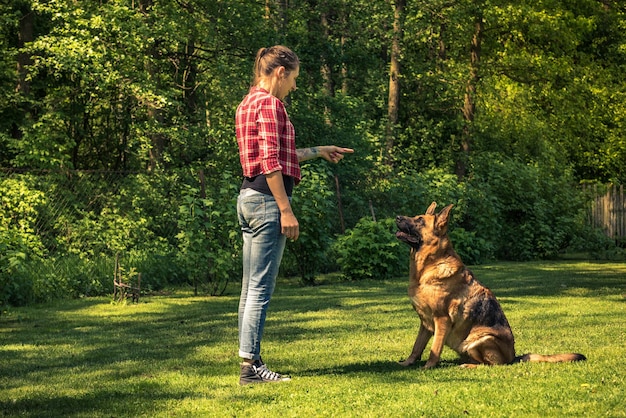 Mujer joven entrena al perro pastor alemán para sentarse