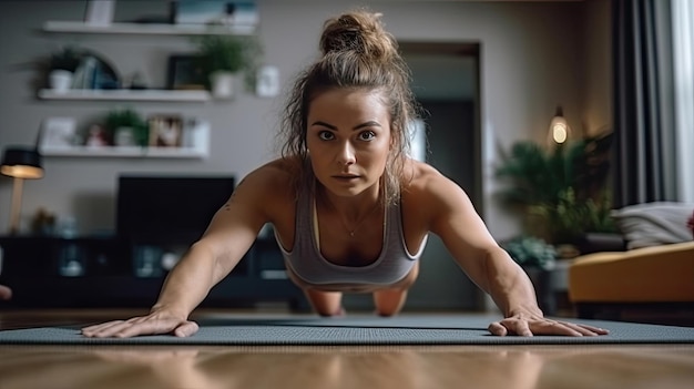 Una mujer joven entrenando en casa haciendo plancha y viendo videos en una computadora portátil entrenando en la sala de estar Generative Ai