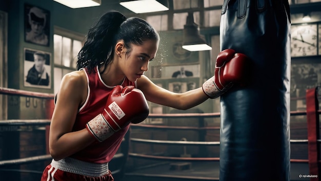 Mujer joven entrenando como boxeadora en el gimnasio