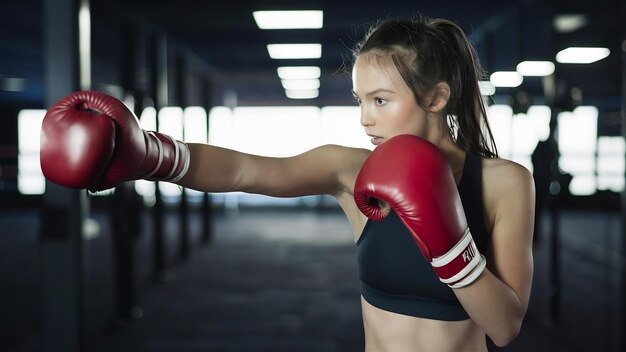 Mujer joven entrenando como boxeadora en el gimnasio