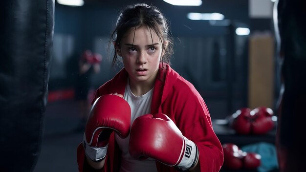 Mujer joven entrenando como boxeadora en el gimnasio