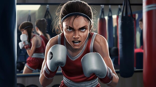 Mujer joven entrenando como boxeadora en el gimnasio
