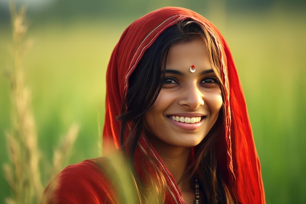 Una mujer joven envuelta en una bufanda roja sonriendo y posando en un campo de hierba alta