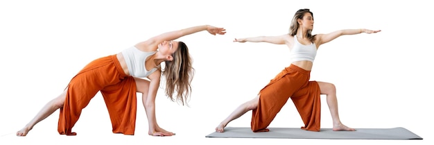 Mujer joven Equilibrio y Armonía Yoga Ejercicio Asana estera de flexibilidad aislado fondo blanco.