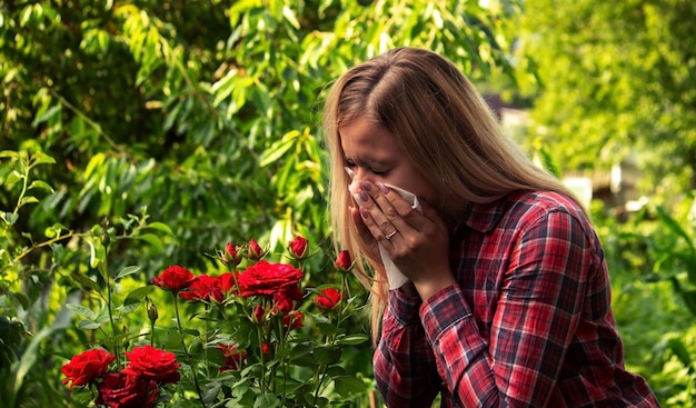 Una mujer joven es alérgica a las flores.
