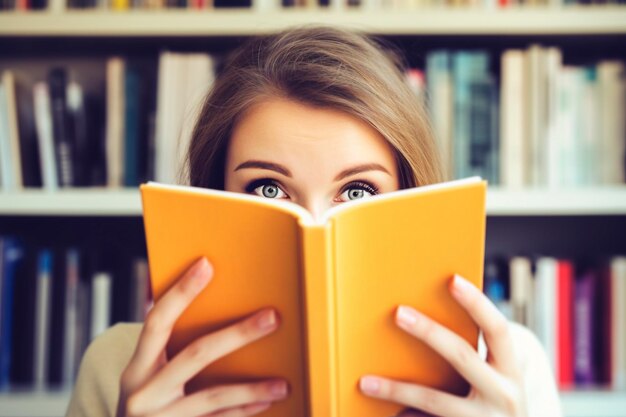 Mujer joven esconde su cara detrás de un libro en una biblioteca