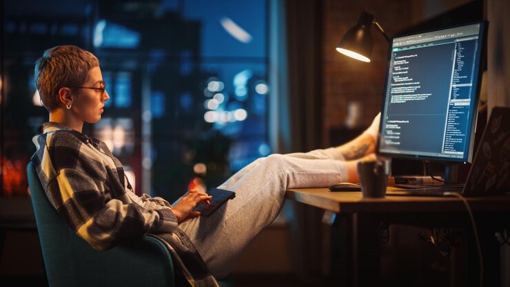 Foto mujer joven escribiendo código en la computadora en un elegante apartamento en el ático por la noche mujer creativa con ropa acogedora descansando los pies en la mesa y usando un teclado inalámbrico vista de la ciudad urbana desde una gran ventana