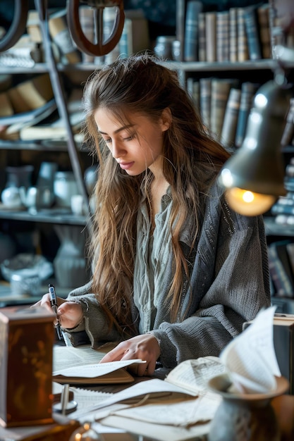 Mujer joven escribiendo en un cuaderno en un acogedor entorno de biblioteca antigua rodeada de libros antiguos