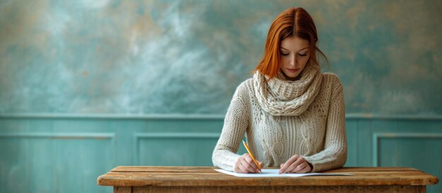 Mujer joven escribiendo con lápiz en la mesa de madera imagen de trámites educativos