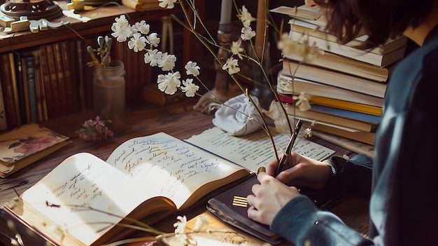 Foto una mujer joven escribiendo en su diario con una pluma está sentada en un escritorio de madera en una habitación acogedora hay libros flores y una vela en el escritorio