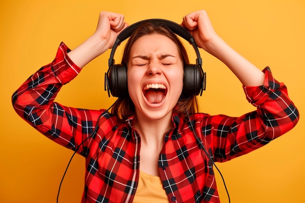 Mujer joven escuchando música con auriculares y cantando una canción Fondo amarillo con espacio para copiar