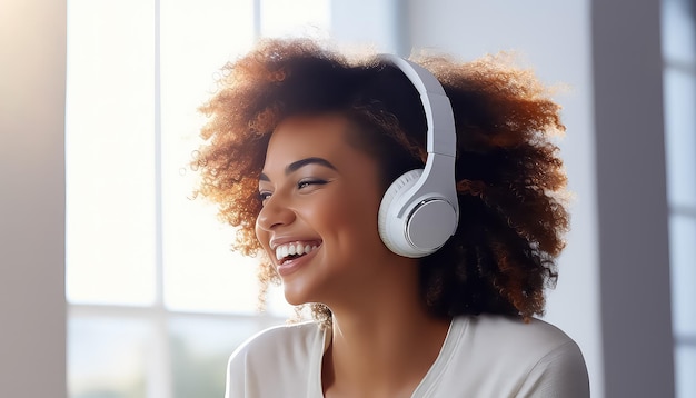 mujer joven escuchando música con auriculares en casa