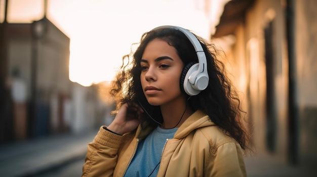 Mujer joven escuchando música con auriculares en la ciudad