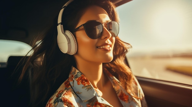 mujer joven escuchando música en el coche
