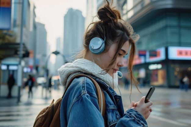 Mujer joven escuchando música y usando el teléfono celular mientras camina por la calle de la ciudad