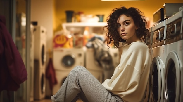 Mujer joven esperando en una lavandería