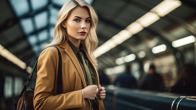 Mujer joven esperando el tren en la estación Fondo borroso