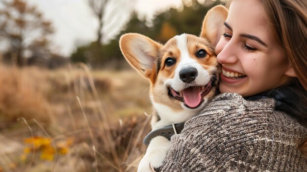 Una mujer joven está abrazando a un sonriente cachorro Pembroke Welsh Corgi la mujer lleva un suéter marrón y el cachorro tiene un collar gris