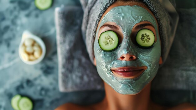 Una mujer joven está acostada con una máscara facial en la cara y rebanadas de pepino sobre los ojos Ella lleva una toalla blanca en la cabeza y está sonriendo