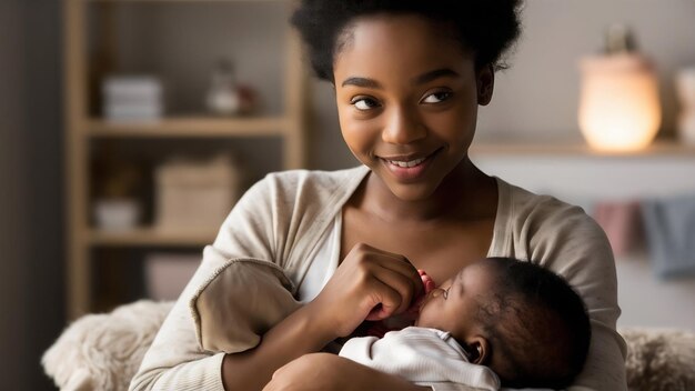Mujer joven está amamantando a un bebé concepto de lactancia neonatal
