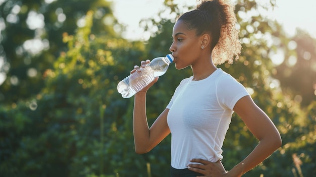 una mujer joven está bebiendo agua de una botella clara con el follaje iluminado por el sol de los árboles en el fondo