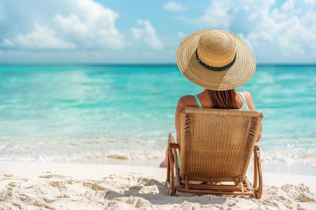 Una mujer joven está descansando tomando el sol en una silla de sol en la playa de arena de la costa del mar