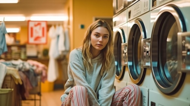 Una mujer joven está esperando en una sala de lavado usando IA generativa