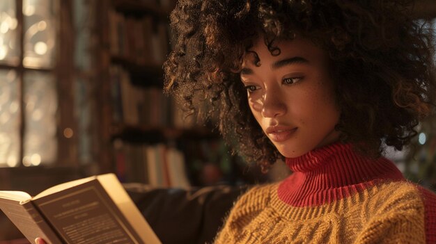 una mujer joven está leyendo un libro con la palabra cita en él