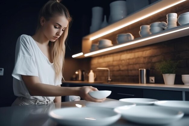 Una mujer joven está limpiando la cocina en casa poniendo las cosas en orden