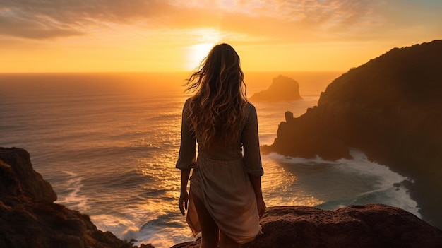 Una mujer joven está de pie en un acantilado con vistas al océano imágenes de salud mental ilustración fotorrealista
