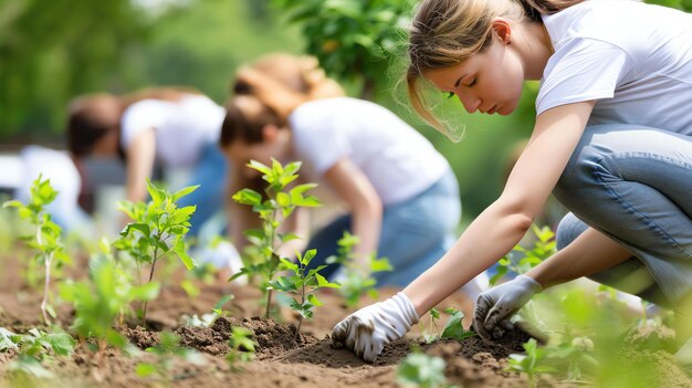 Una mujer joven está plantando un árbol en el suelo Ella lleva una camisa blanca y vaqueros