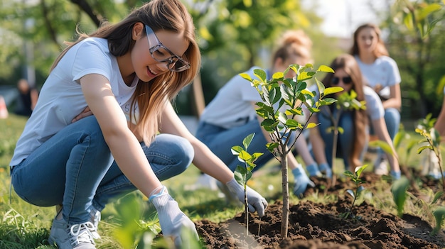 Una mujer joven está plantando un árbol en el suelo, lleva una camiseta blanca y pantalones vaqueros azules, está sonriendo y parece feliz.